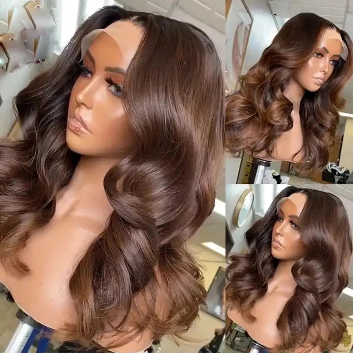 Peruca Lace Frontal Body Wave Castanho com Luzes – Elena