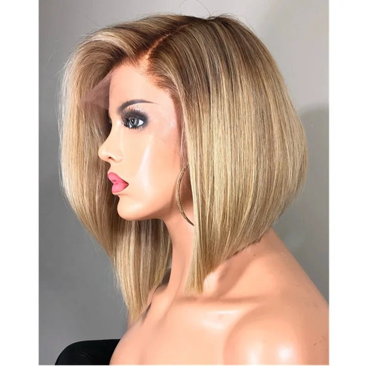 Peruca Lace Frontal Bob Liso Loira com Raiz Castanha – Camille