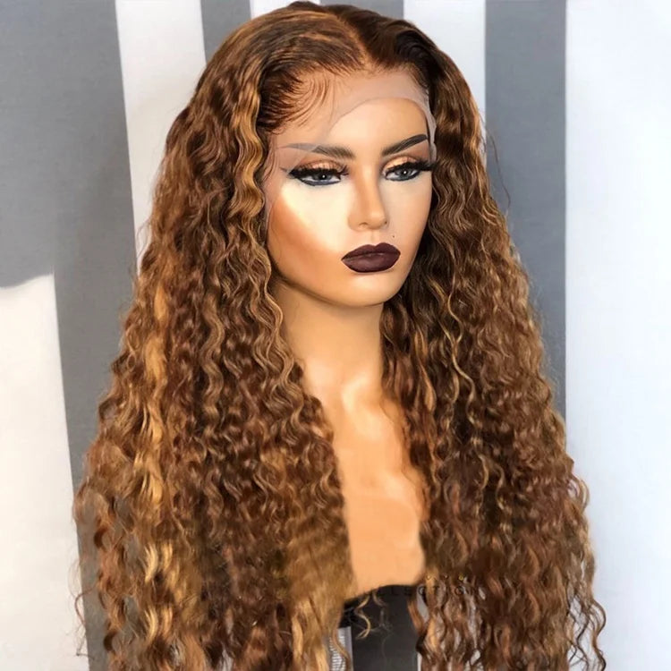 Peruca Lace Frontal HD Deep Curly Castanho com Mechas – Olivia