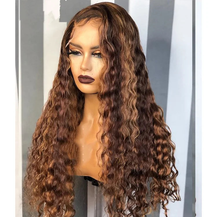 Peruca Lace Frontal HD Deep Curly Castanho com Mechas – Olivia