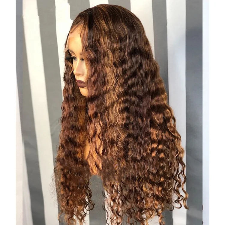 Peruca Lace Frontal HD Deep Curly Castanho com Mechas – Olivia
