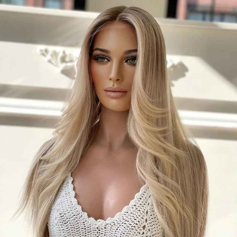 Lace Frontal Wig – Longa Lisa Sedosa com Mechas Honey Blonde