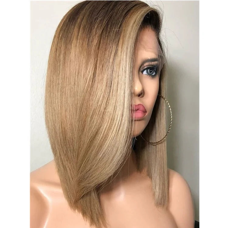 Peruca Lace Frontal Bob Liso Loira com Raiz Castanha – Camille