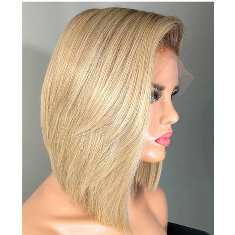 Peruca Lace Frontal Bob Liso Loira com Raiz Castanha – Camille